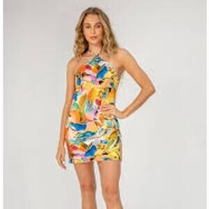 Lavender Brown Blair Halter Mini Dress S Nude Orange M Print Backless NWT